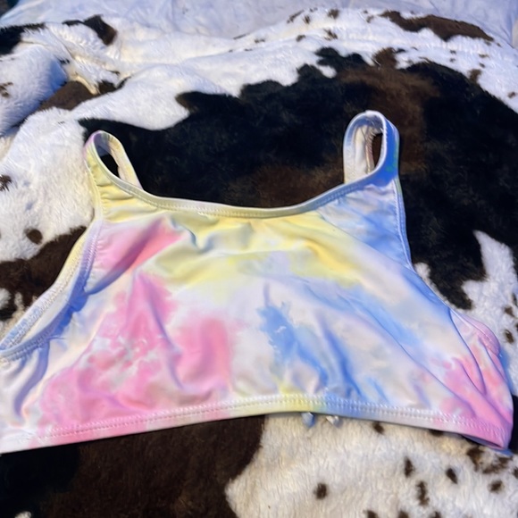 a multi color bathing suit top with cross up the front - Picture 2 of 2